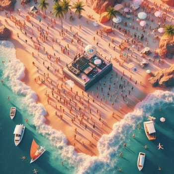 people having fun in the beach, isometric view, sea waves, 3d illustration generative ai art