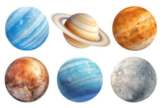 Realistic image of different planets Moon, Neptune, Pluto, Saturn, Uranus, Venus on a transparent background. Planets isolated on transparent background in PNG format, space elements.