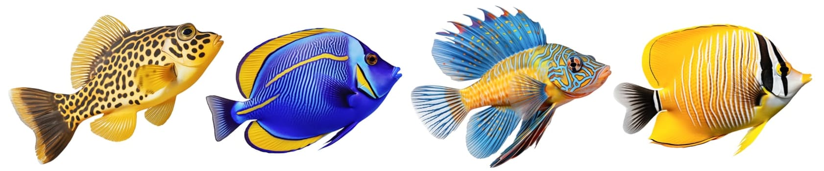 Multicolored aquarium fishes on a transparent background, side view. The Butterflyfish, Chameleonfish, Boxfish, Blue Tang saltwater aquarium fish, isolated on a white background.