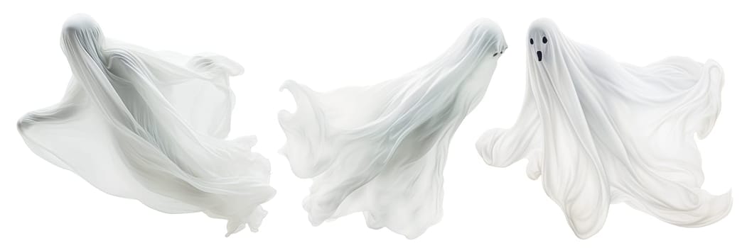 A set of ghosts flying in different directions cut out on a transparent background. A ghost on a transparent background in PNG format for inserting into a design or project