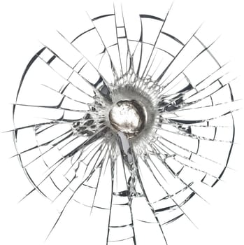 A hole in glass on a transparent background in PNG format. Close-up of a bullet hole in the glass, cracks spreading out in different directions. Overlay for design or project. High quality photo