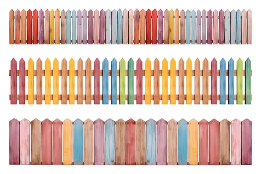 Set of different wooden fences on a transparent background. A long strip of wooden fence painted in different colors, fencing in the style of a kindergarten