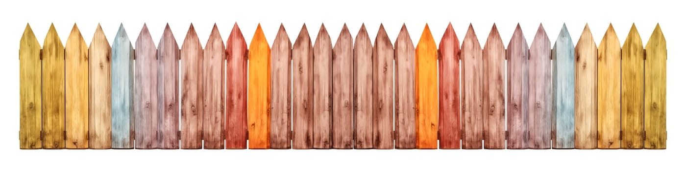 A set of various wooden fences on a transparent background, featuring long strips of wooden fences painted in different colors. The fencing is designed in a style reminiscent of a kindergarten