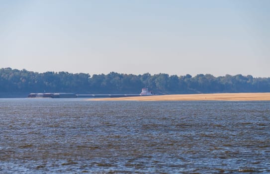 Panorama of sand banks due to extreme low water conditions on Mississippi river in October 2023 with a large barge rounding a bend near Greenville, MS