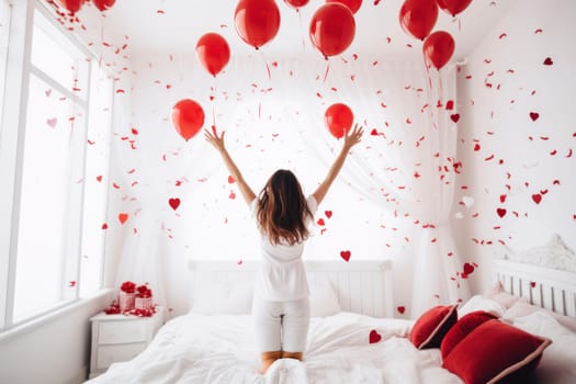 A happy woman in a bedroom experiences joy as heart-shaped confetti falls on her, creating a romantic and festive celebration