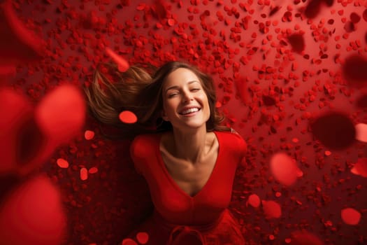 A woman revels in the joy and merriment of a festive atmosphere, surrounded by the magic of confetti and celebration