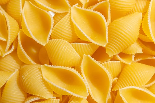 Uncooked Conchiglie Pasta: A Culinary Canvas of Conchiglie Macaroni, Creating a Lively and Textured Background for Gourmet Cooking. Dry Pasta. Raw Macaroni - Top View, Flat Lay