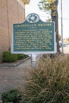 Greenville, MS - 24 October: SIgn describing the literary tradition of writers in the small town of Greenville in Mississippi