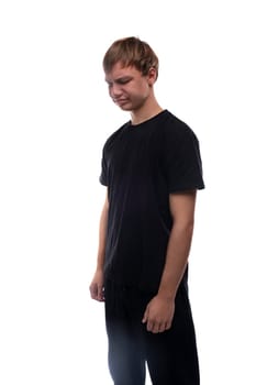 Blonde teenager wearing a basic t-shirt on a white background.