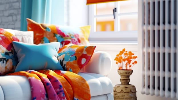 vibrant interior design with colored sofa and cushions - generative AI