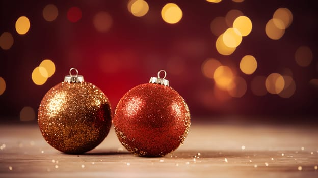 Two red and gold glittery Christmas ornaments - Xmas celebration background - generative AI