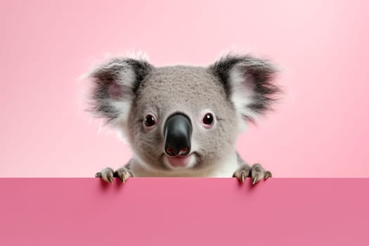 Funny koala isolated on light pink background. Concept of funny animals from zoo or safari. Banner with koala and copy space.