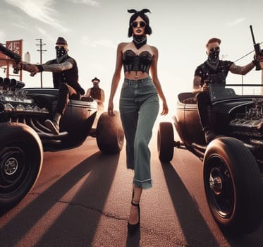 gang of pinup girl and plus size retro vandals in steampunk hot rods and tuned bikes burning rubber, wearing jeans and leather, gas station , desert road, comics illustration, mad max ai generated