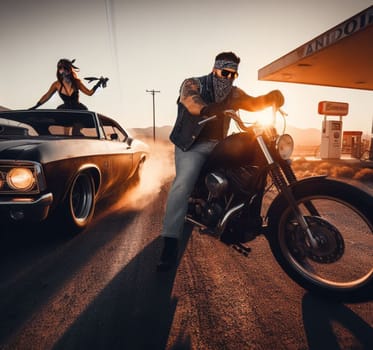 a gang of pinup girl and retro hipster vandals in steampunk hot rods and tuned bikes burning rubber, wearing jeans and leather in a gas station on a desert road ai generated