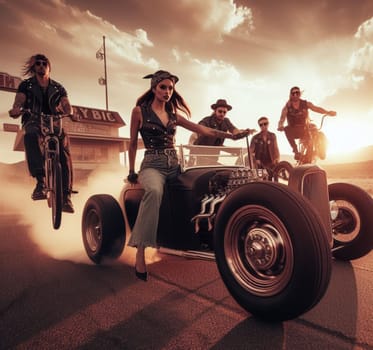 gang of pinup girl and plus size retro vandals in steampunk hot rods and tuned bikes burning rubber, wearing jeans and leather, gas station , desert road, comics illustration, mad max ai generated