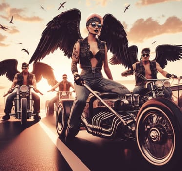 gang of pinup girl and plus size retro vandals in steampunk hot rods and tuned bikes burning rubber, wearing jeans and leather, gas station , desert road, comics illustration, mad max ai generated