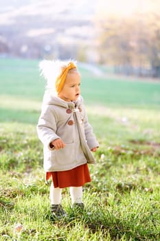 Little girl stands on a green meadow and looks into the distance. High quality photo