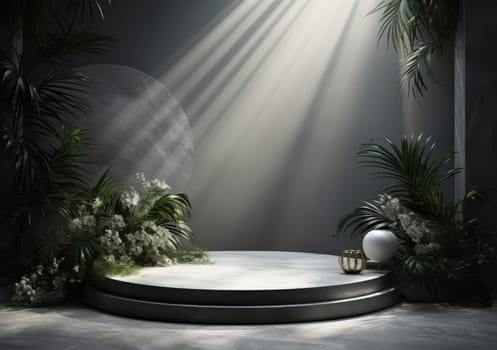 Dark podium, showcase for advertising products and goods. Display with natural stones and green tropical branches. Background for natural cosmetics and branding.