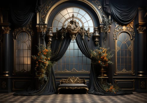 Black castle wall photography backdrop, elegant black mouldings, black drapes , golden flower on the wall