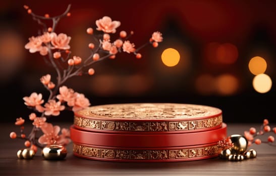 Podium Pedestal round stage desktop for product mockup with Chinese Festivals background. Mid Autumn Festival, flower and Asian elements on background