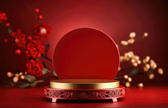 Red luxury background with product display podium element with 3d realistic chinese new year ornament.