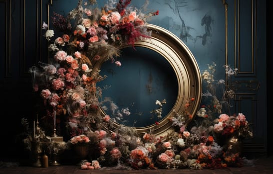 floral hoop digital backdrops. shoot set up with prop Flower and wood backdrop. Flower on hanging round.