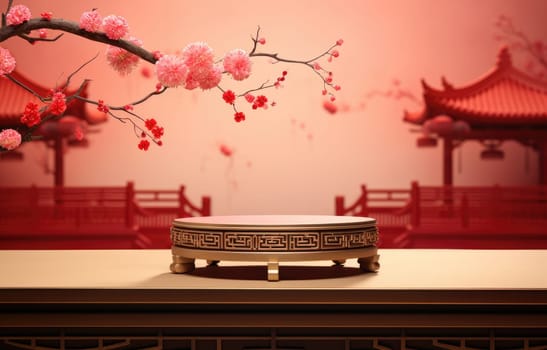 Podium round stage Chinese new year,Chinese Festivals, Mid Autumn Festival , red ,flower and asian elements with craft style on background.