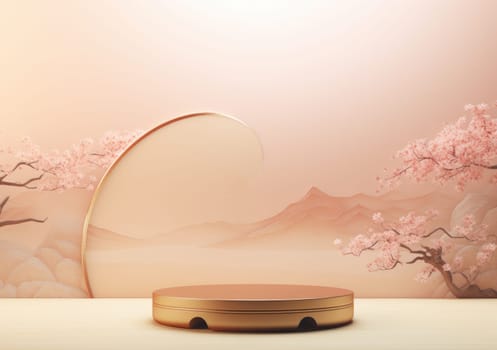 Realistic 3D render blank empty pastel pink podium with cherry blossom flower bouquet and blowing white curtain. Beauty products display, Backdrop.