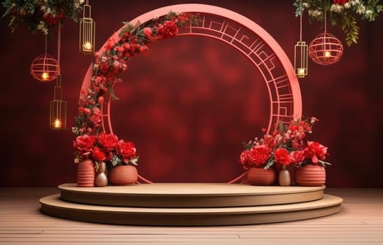 Podium round stage Chinese new year,Chinese Festivals, Mid Autumn Festival , red ,flower and asian elements with craft style on background.