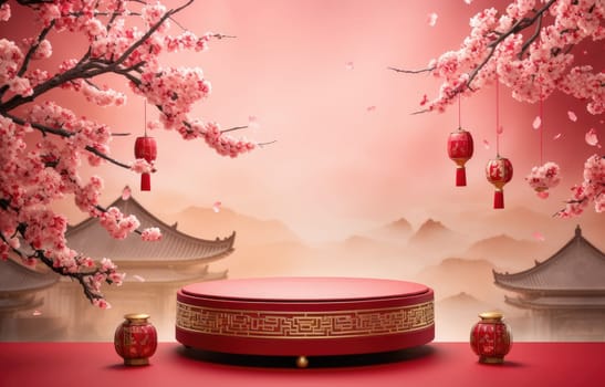 Podium round stage Chinese new year,Chinese Festivals, Mid Autumn Festival , red ,flower and asian elements with craft style on background.