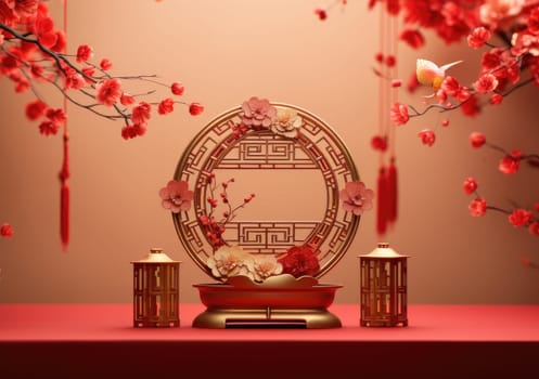 Lunar year background design with ingots and cherry flowers as the decoration, Podium stage chinese style for chinese new year and festivals or mid autumn festival