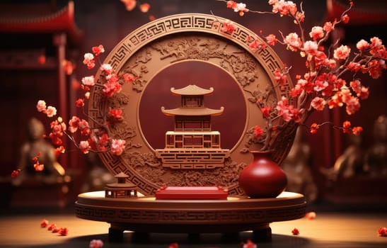 Podium Pedestal round stage desktop for product mockup with Chinese Festivals background. Mid Autumn Festival, flower and Asian elements on background