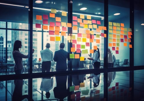 Business people meeting at office and use post it notes to share idea. Brainstorming concept. Sticky note on glass wall.