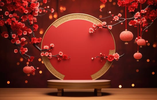 Podium round stage Chinese new year,Chinese Festivals, Mid Autumn Festival , red ,flower and asian elements with craft style on background.