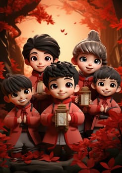 cute of character kids group friends on red chines culture suit of Chinese new year celebration concept with happy and funny.