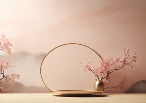 Realistic 3D render blank empty pastel pink podium with cherry blossom flower bouquet and blowing white curtain. Beauty products display, Backdrop.