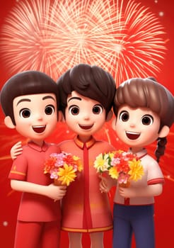 cute of character kids group friends on red chines culture suit of Chinese new year celebration concept with happy and funny.