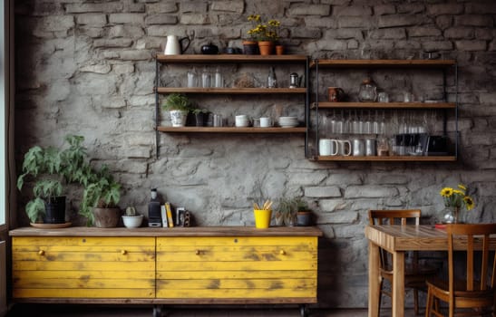 Kitchen modern eclectic, craziness,vibrant yellow colour dominate ,with modern minimalistic elements with boho style elements and appliances in complementary colors