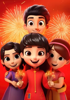 cute of character kids group friends on red chines culture suit of Chinese new year celebration concept with happy and funny.