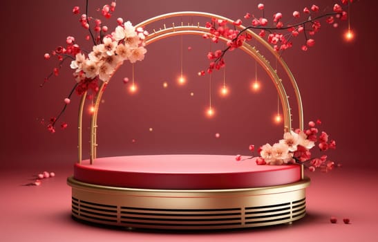 red cylinder podium for products display presentation, Chinese new year, Chinese Festivals, Mid Autumn Festival, poster, greeting card