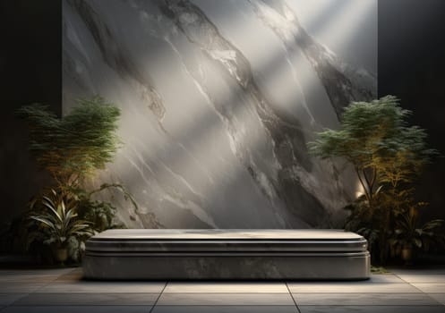 Dark podium, showcase for advertising products and goods. Display with natural stones and green tropical branches. Background for natural cosmetics and branding.