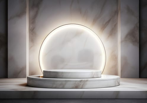 abstract modern minimal background with cobblestones on the wet floor. Trendy showcase with golden round frame and empty platform for product displaying.