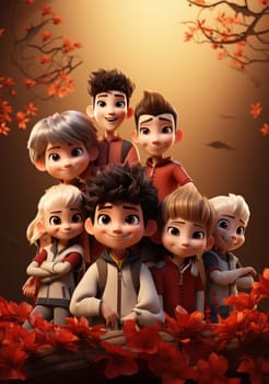 cute of character kids group friends on red chines culture suit of Chinese new year celebration concept with happy and funny.