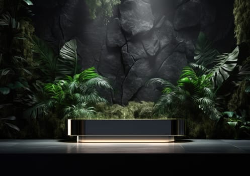 Dark podium, showcase for advertising products and goods. Display with natural stones and green tropical branches. Background for natural cosmetics and branding.