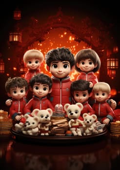 cute of character kids group friends on red chines culture suit of Chinese new year celebration concept with happy and funny.