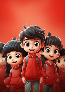 cute of character kids group friends on red chines culture suit of Chinese new year celebration concept with happy and funny.