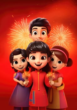 cute of character kids group friends on red chines culture suit of Chinese new year celebration concept with happy and funny.