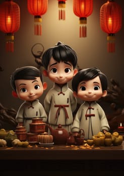 cute of character kids group friends on red chines culture suit of Chinese new year celebration concept with happy and funny.