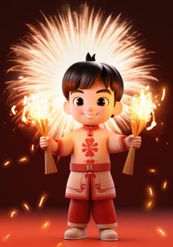 cute character kids of Chinese new year celebration concept holding lantern and firework in 3d character