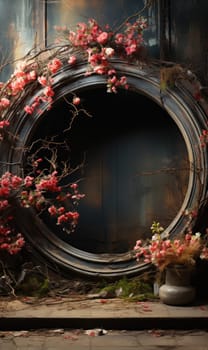 floral hoop digital backdrops. shoot set up with prop Flower and wood backdrop. Flower on hanging round.